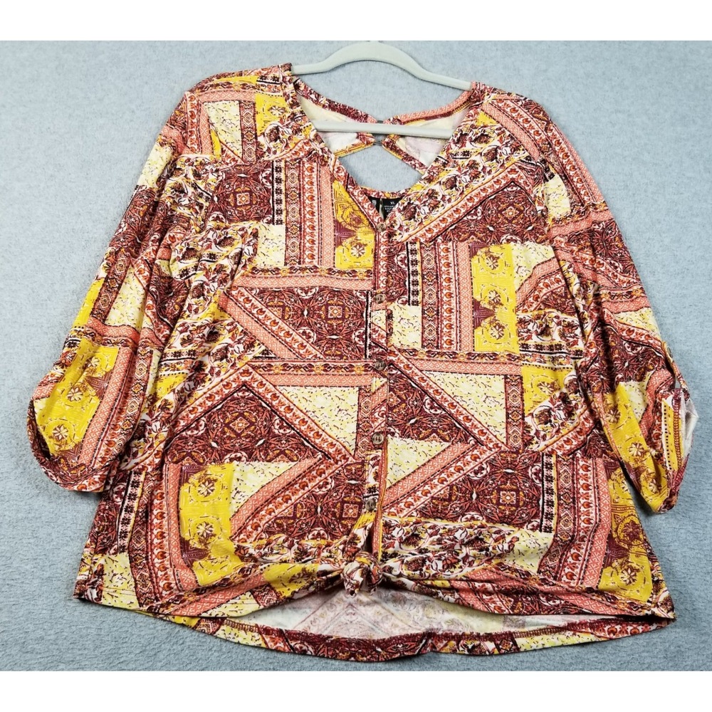Kristin Nicole Blouse Women's XL Floral Geo Boho Tie Front Button Up 3/4 Sleeves